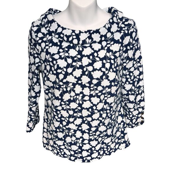 Talbots Navy Blue White Floral Top Women's Small Knit Blouse Cottagecore Flowers - Picture 1 of 14